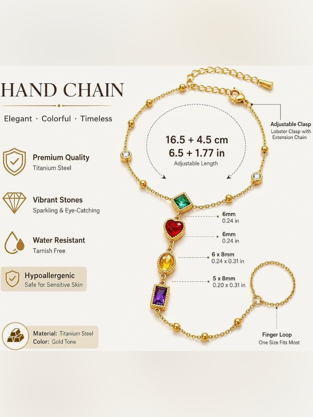 Gold Multicolor Gemstone Hand Chain Bracelet - Women Jewelry - Picture 4 of 7